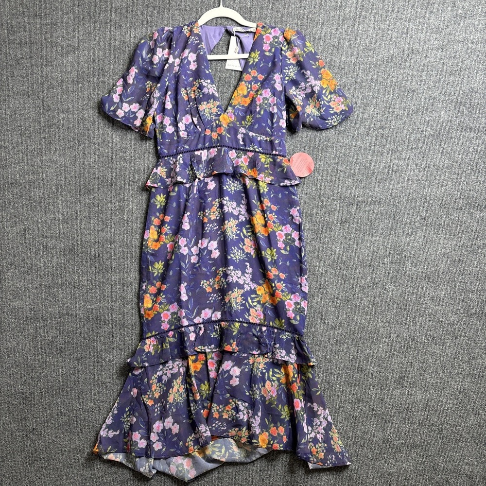 Hope & Ivy Tammie Dress‎ Size 10 Purple Floral V Neck Midi Tea Peplum NWT New